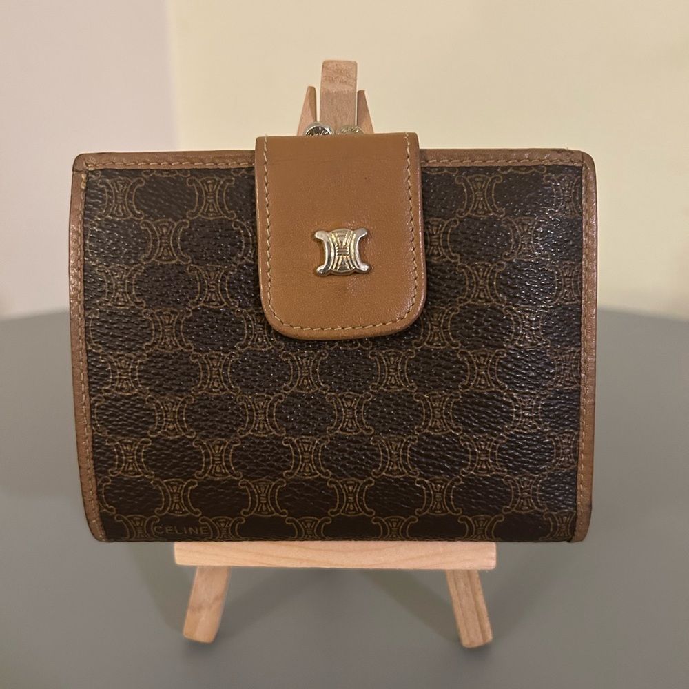 Authentic Celine Compact Kisslock Wallet, Vintage, Light Cognac Leather Trim